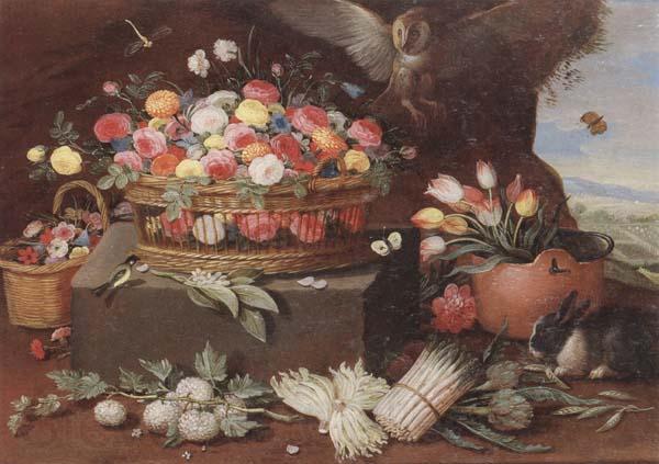 Jan Van Kessel Still life of various flwers in a basket,tulips in a copper pot hortensias,asparagi and artichokes laid out on the ground,together with an owl,butterf France oil painting art